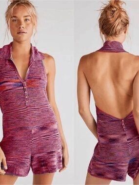 Free People Pink and Charcoal Heathered Collared Knit Romper